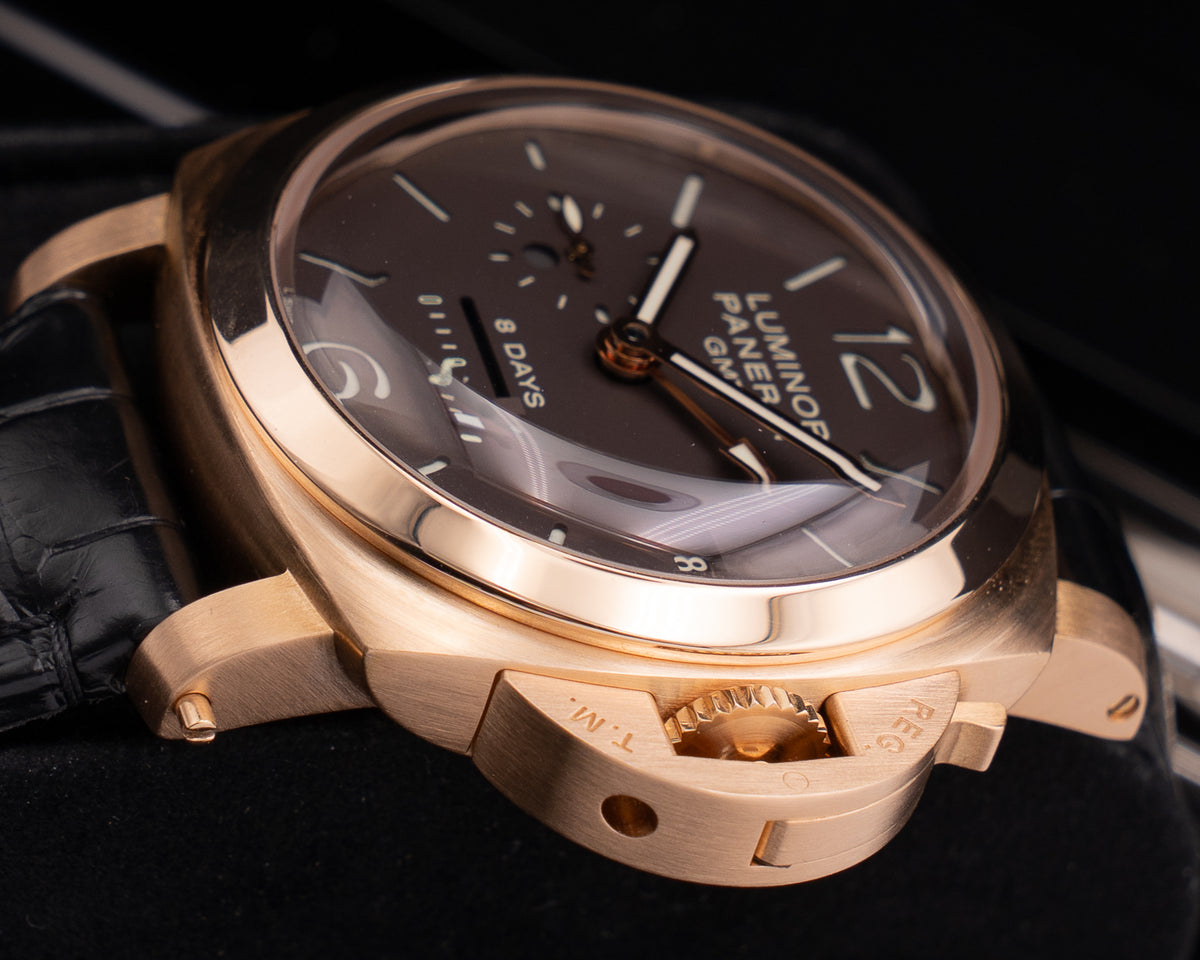 Panerai Luminor 1950 8 Days GMT 44mm PAM00289 Rose Gold Case Black Strap