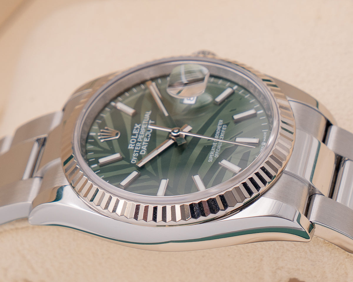 Rolex Datejust 36mm 126234 Fluted Bezel Palm Dial Oyster Bracelet 2023