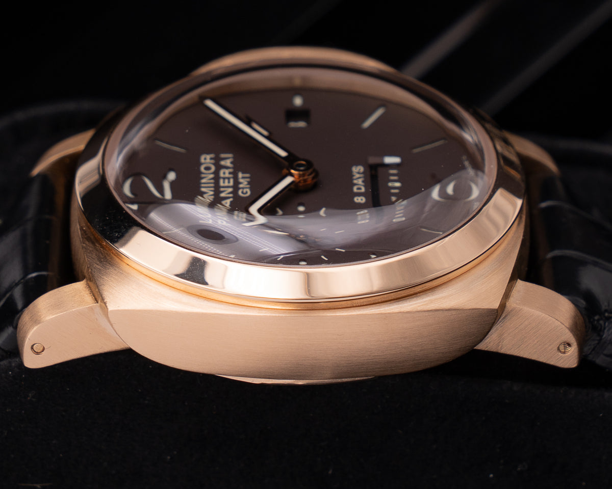 Panerai Luminor 1950 8 Days GMT 44mm PAM00289 Rose Gold Case Black Strap