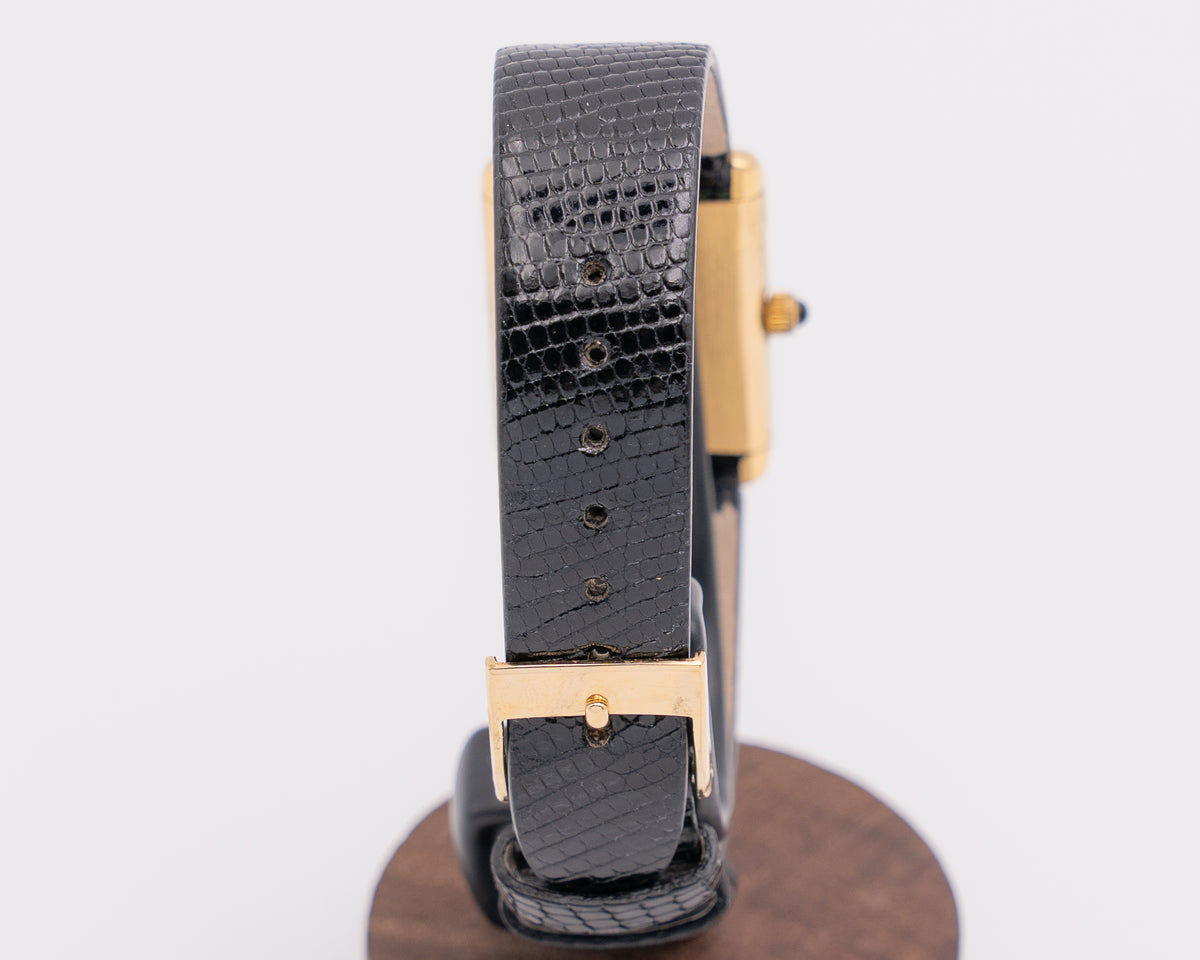 Vintage Cartier Tank 23x30mm Vermeil White Roman Black Dial 18KT Plated Case Acrylic Crystal Black Cobochon
