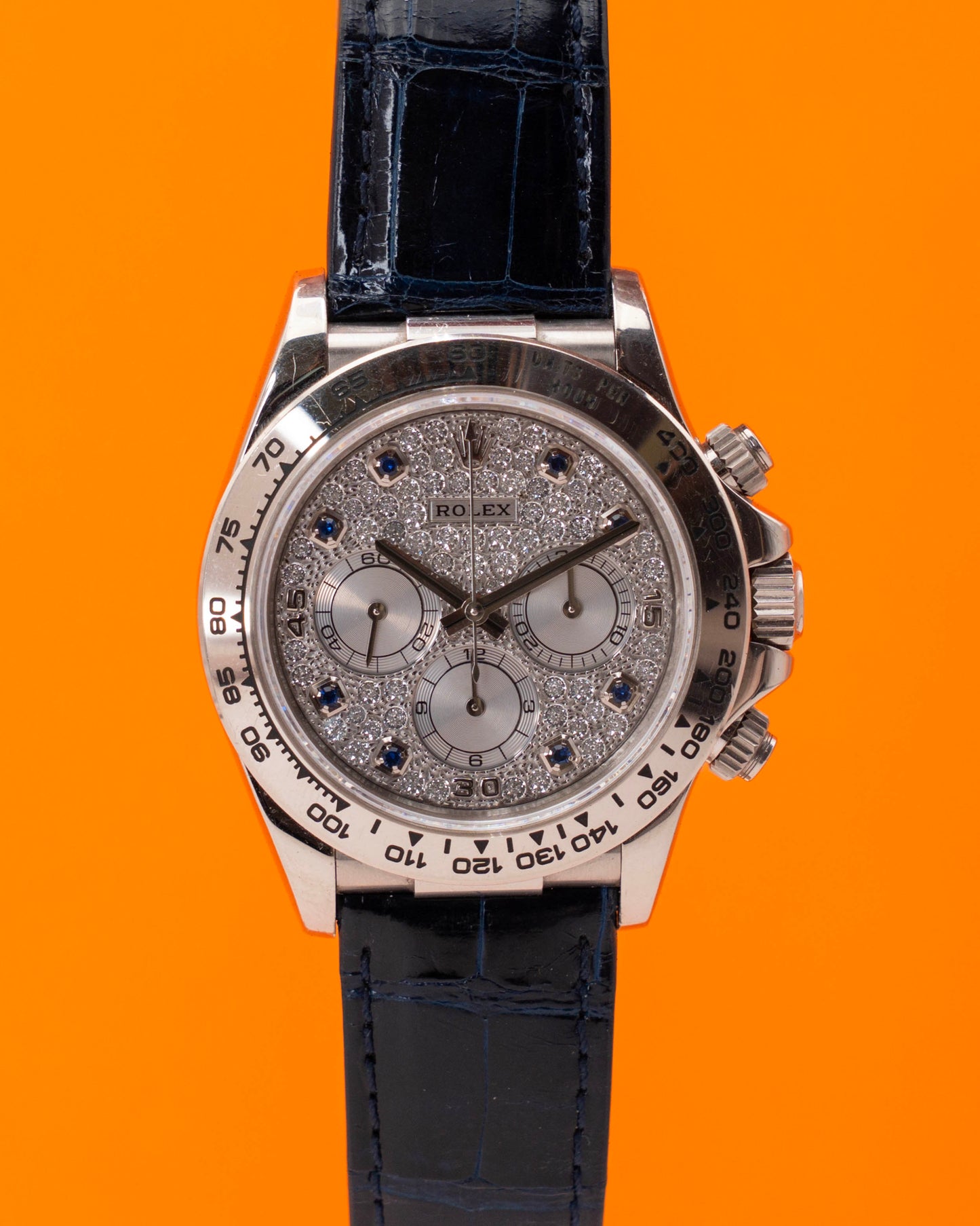 Rolex Cosmograph Daytona 40mm 16519 Factory Pave and Sapphire Dial White Gold 1999 papers