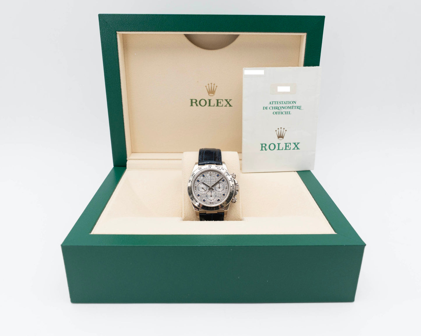 Rolex Cosmograph Daytona 40mm 16519 Factory Pave and Sapphire Dial White Gold 1999 papers