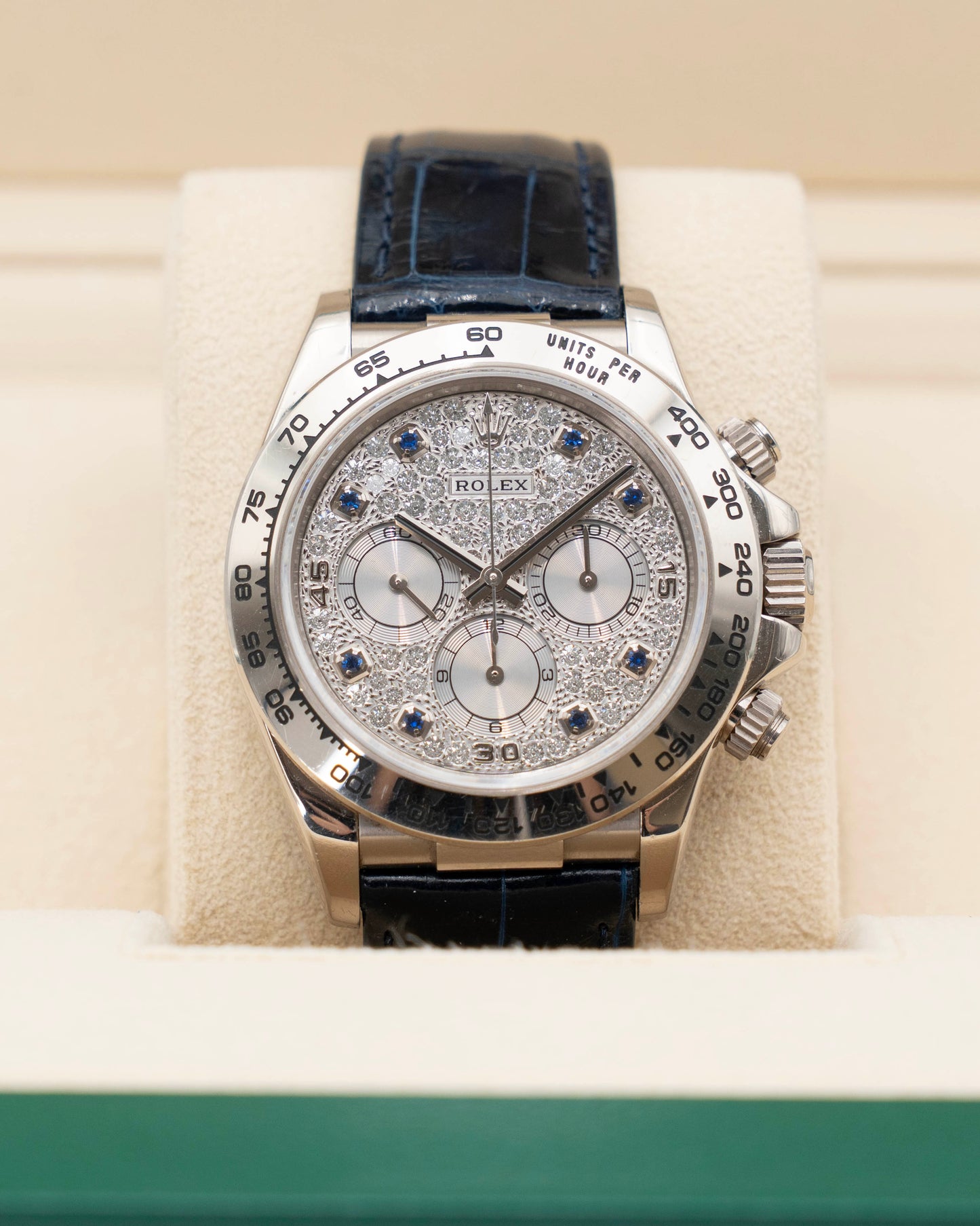 Rolex Cosmograph Daytona 40mm 16519 Factory Pave and Sapphire Dial White Gold 1999 papers