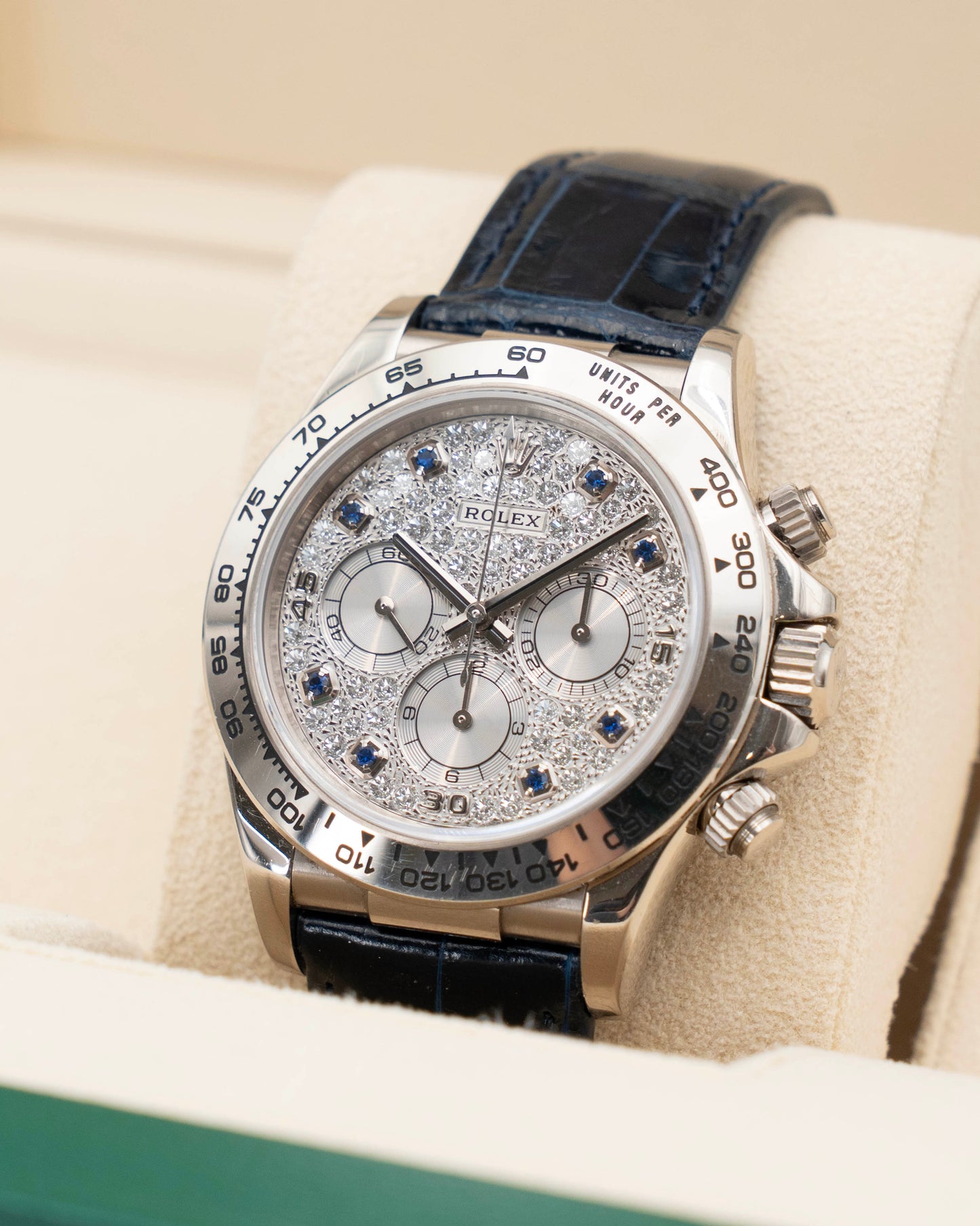 Rolex Cosmograph Daytona 40mm 16519 Factory Pave and Sapphire Dial White Gold 1999 papers