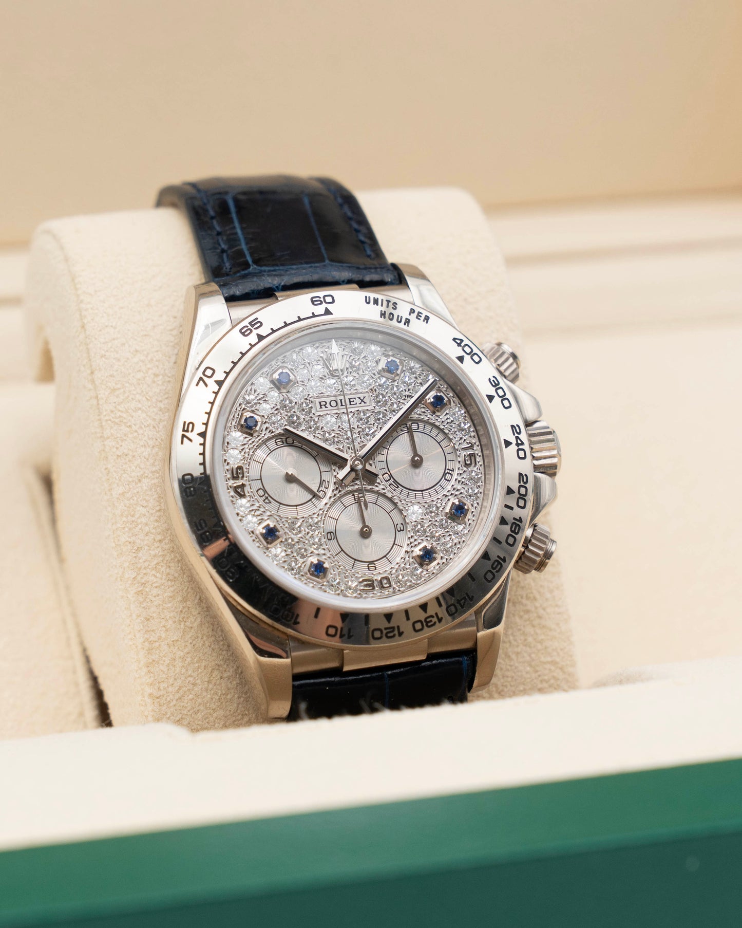Rolex Cosmograph Daytona 40mm 16519 Factory Pave and Sapphire Dial White Gold 1999 papers