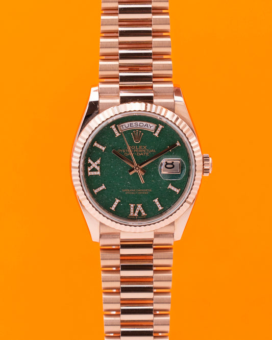 Rolex DayDate 36mm 128235 Aventurine Green Dial Diamond Roman Numerals Rose Gold 2024