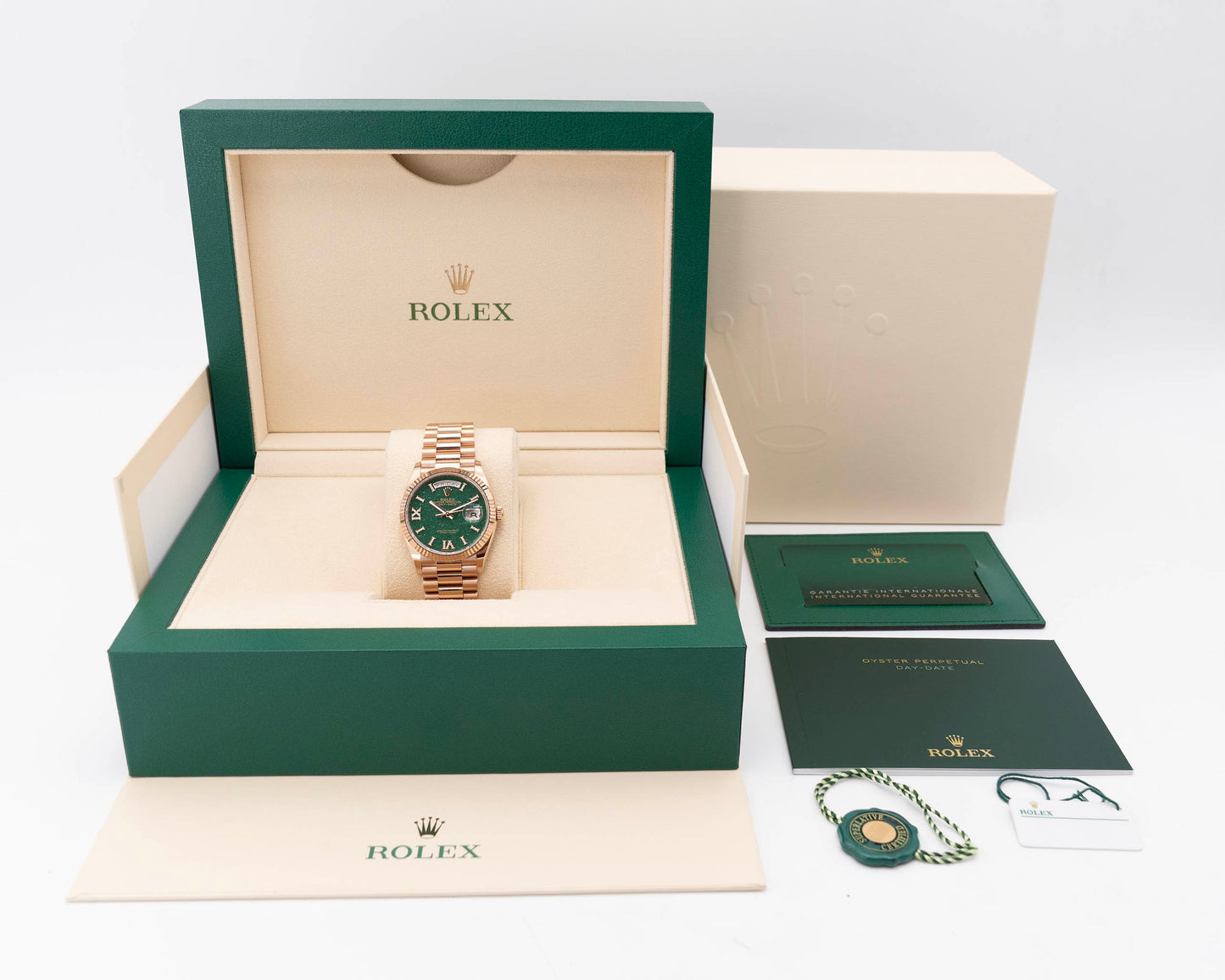 Rolex DayDate 36mm 128235 Aventurine Green Dial Diamond Roman Numerals Rose Gold 2024