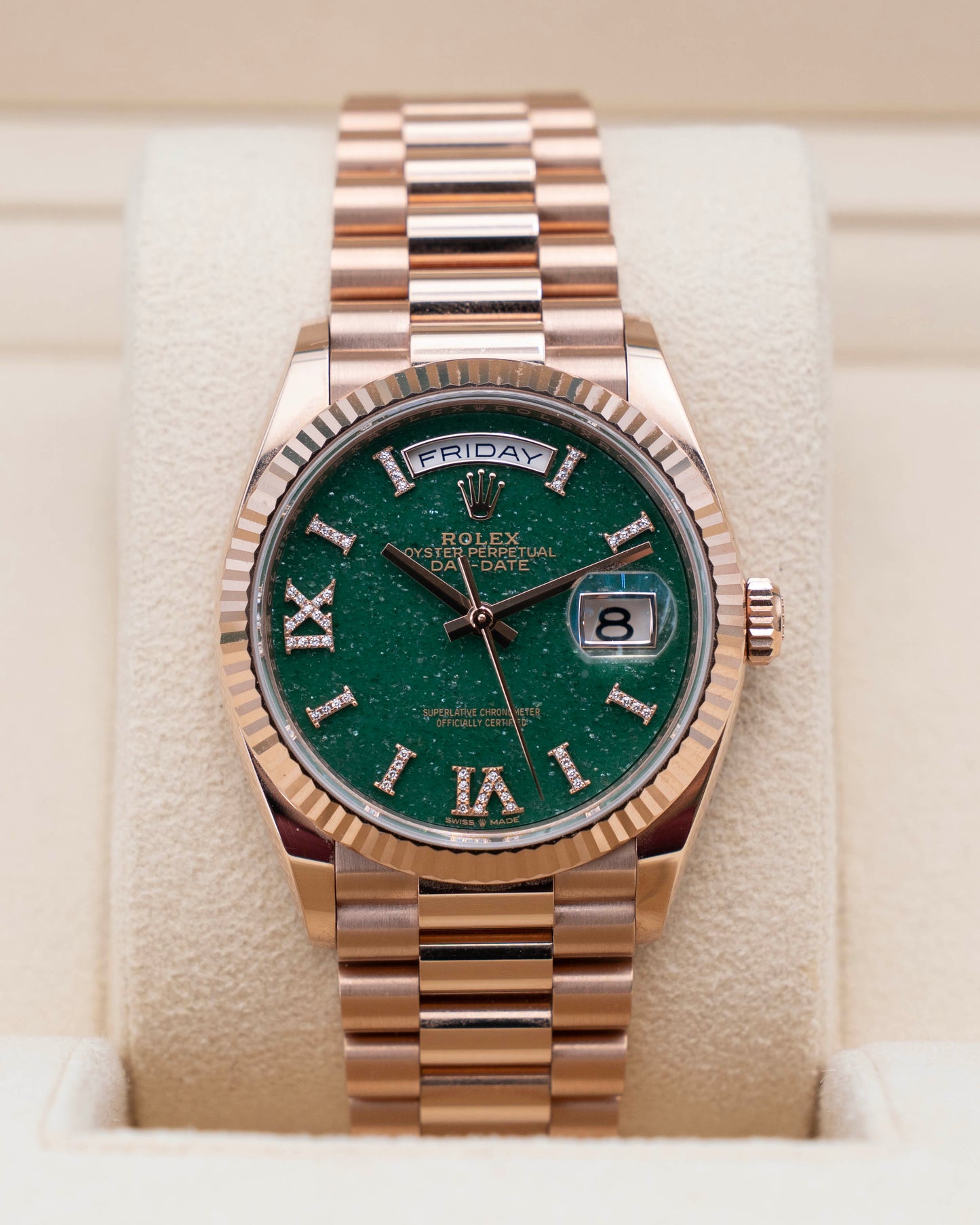 Rolex DayDate 36mm 128235 Aventurine Green Dial Diamond Roman Numerals Rose Gold 2024