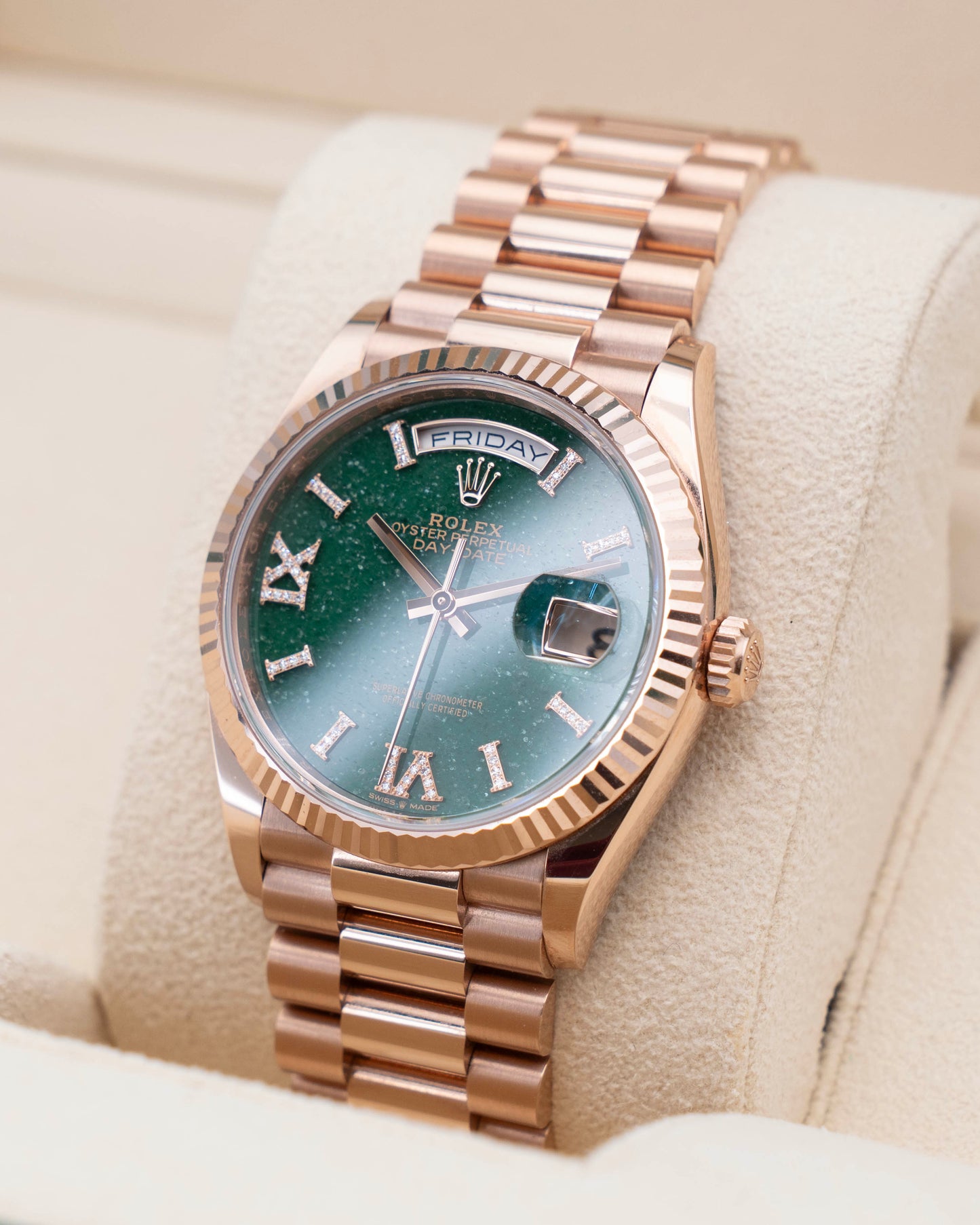 Rolex DayDate 36mm 128235 Aventurine Green Dial Diamond Roman Numerals Rose Gold 2024