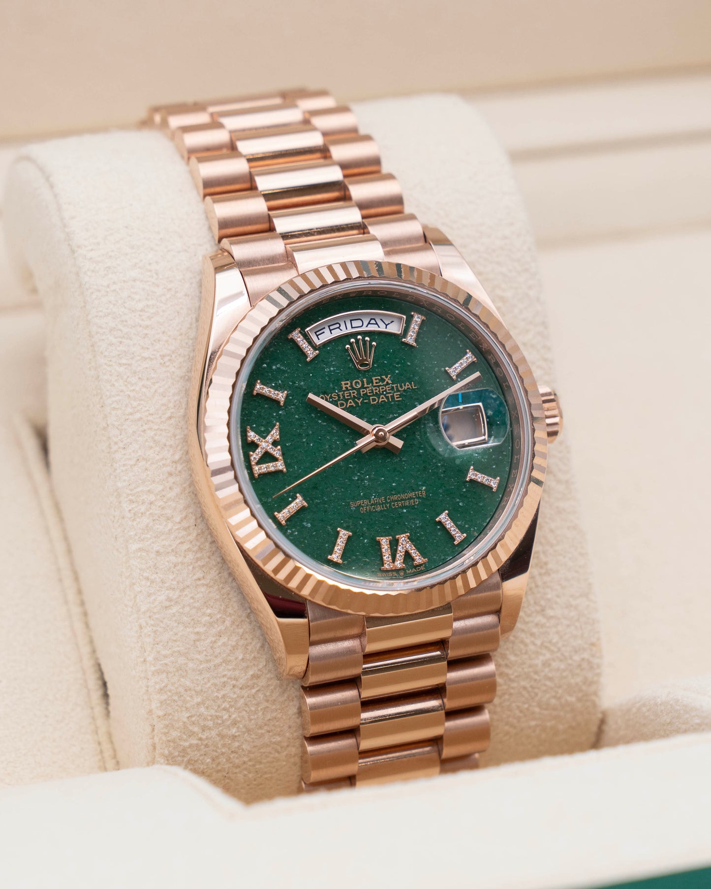 Rolex DayDate 36mm 128235 Aventurine Green Dial Diamond Roman Numerals Rose Gold 2024