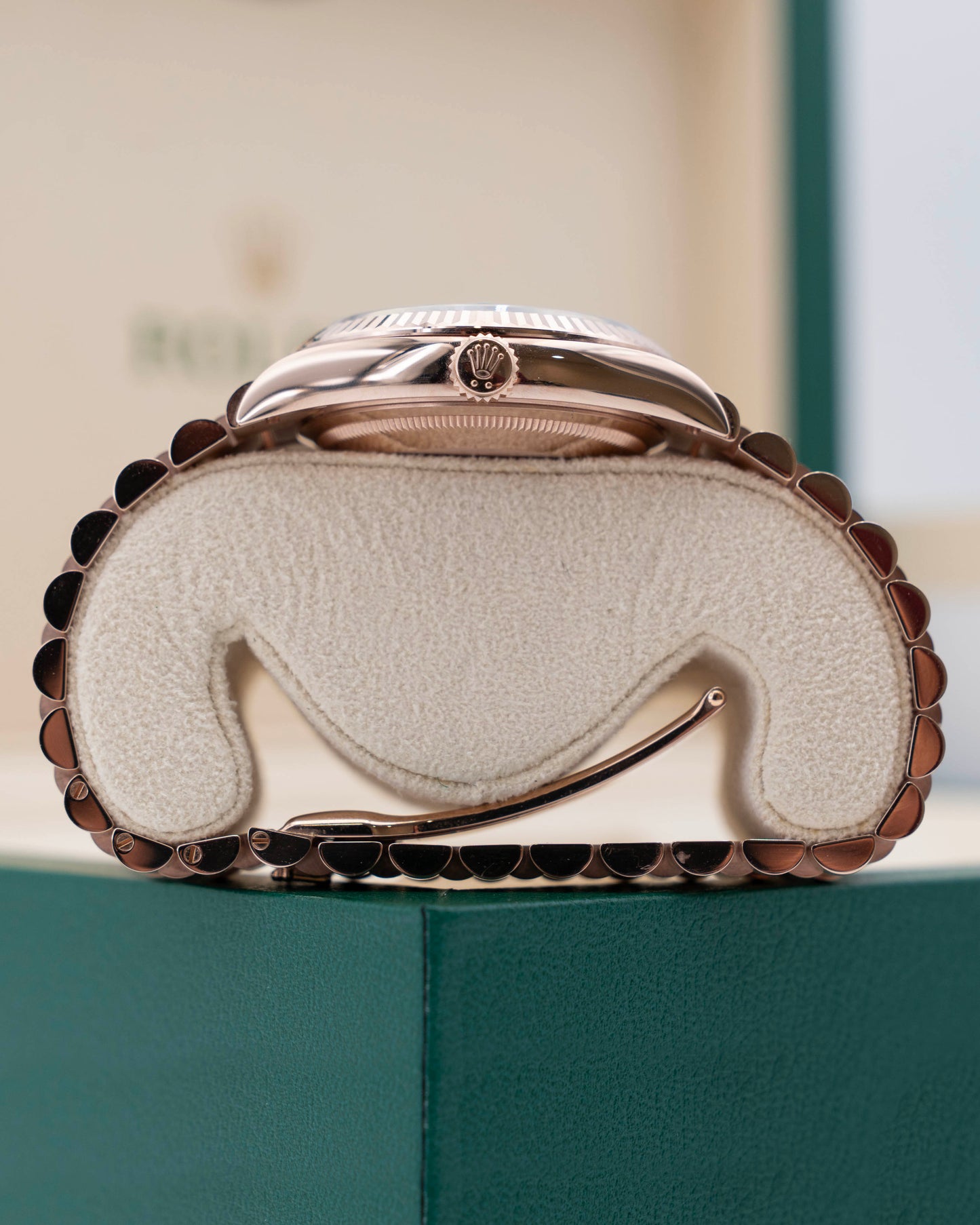 Rolex DayDate 36mm 128235 Aventurine Green Dial Diamond Roman Numerals Rose Gold 2024