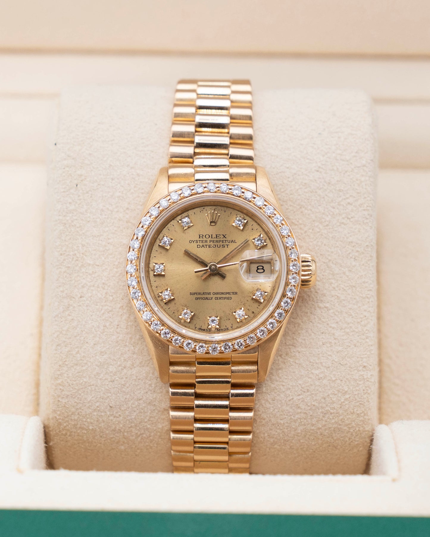 Rolex Datejust 26mm 69178 Yellow Gold Diamond Dial Diamond Bezel Presidential Bracelet
