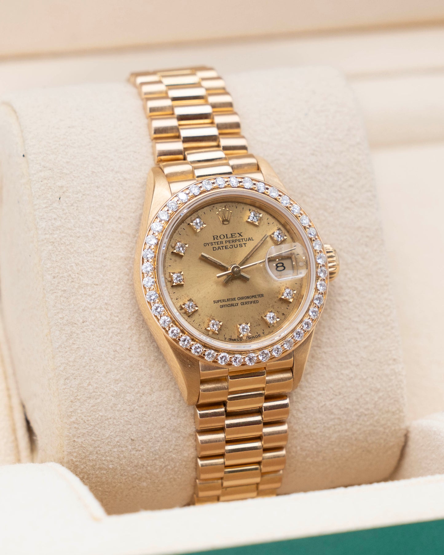 Rolex Datejust 26mm 69178 Yellow Gold Diamond Dial Diamond Bezel Presidential Bracelet