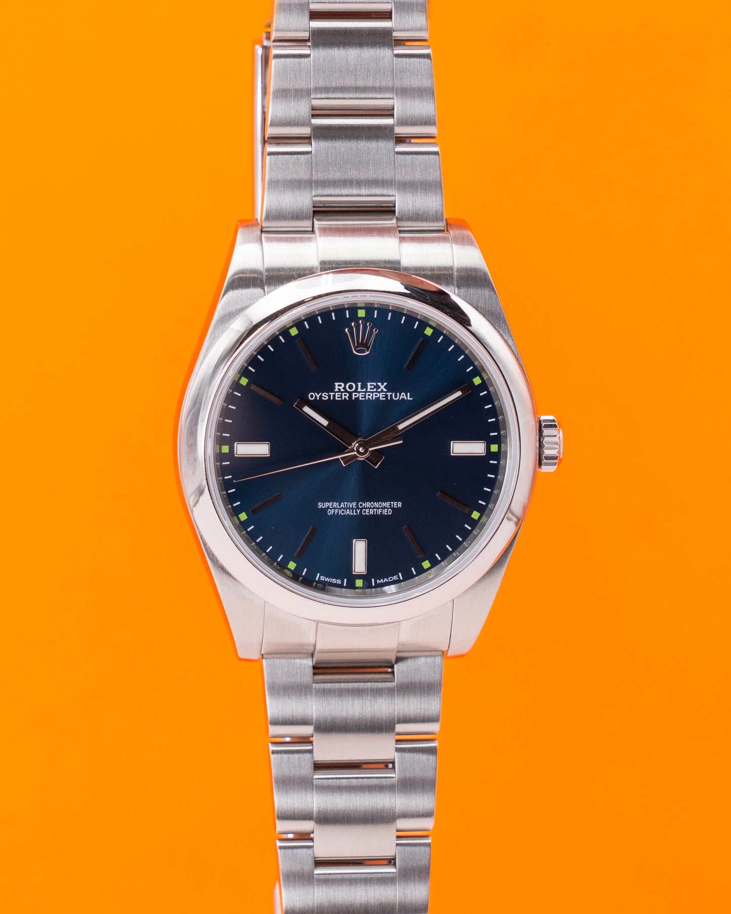 Rolex Oyster Perpetual 114300 39mm Blue With Green Markers 2017