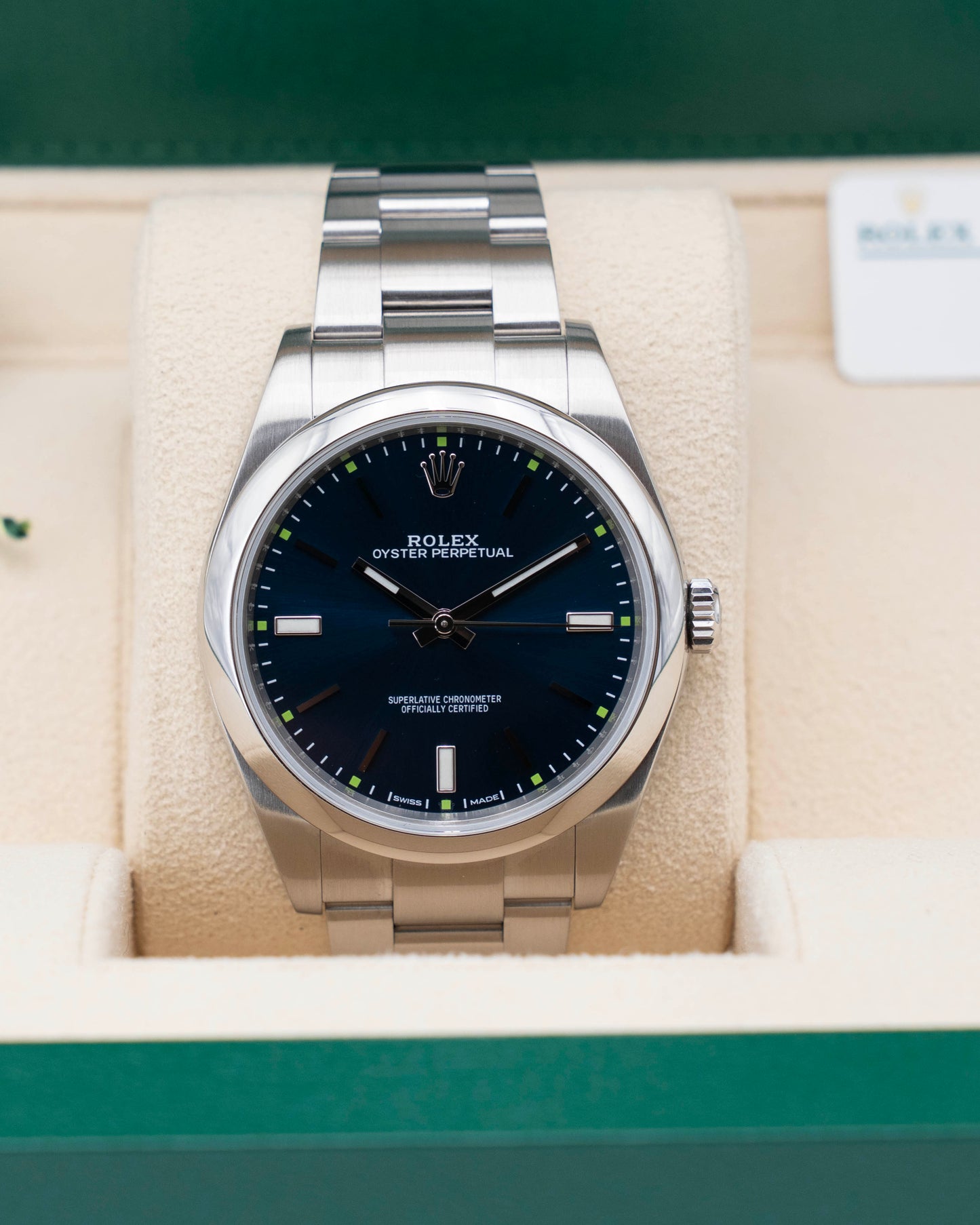 Rolex Oyster Perpetual 114300 39mm Blue With Green Markers 2017