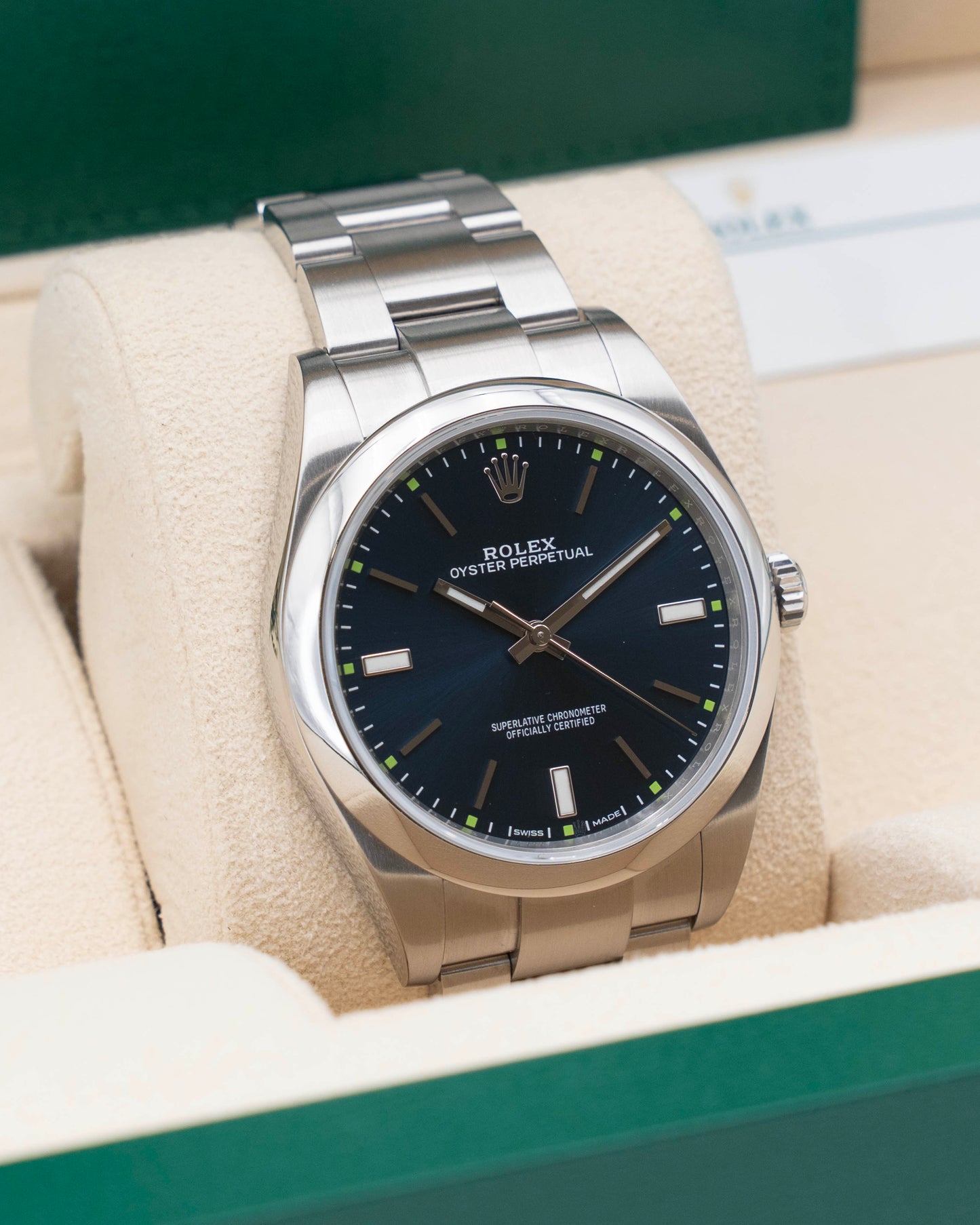 Rolex Oyster Perpetual 114300 39mm Blue With Green Markers 2017