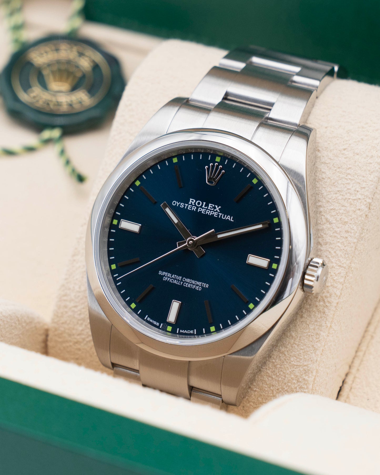 Rolex Oyster Perpetual 114300 39mm Blue With Green Markers 2017
