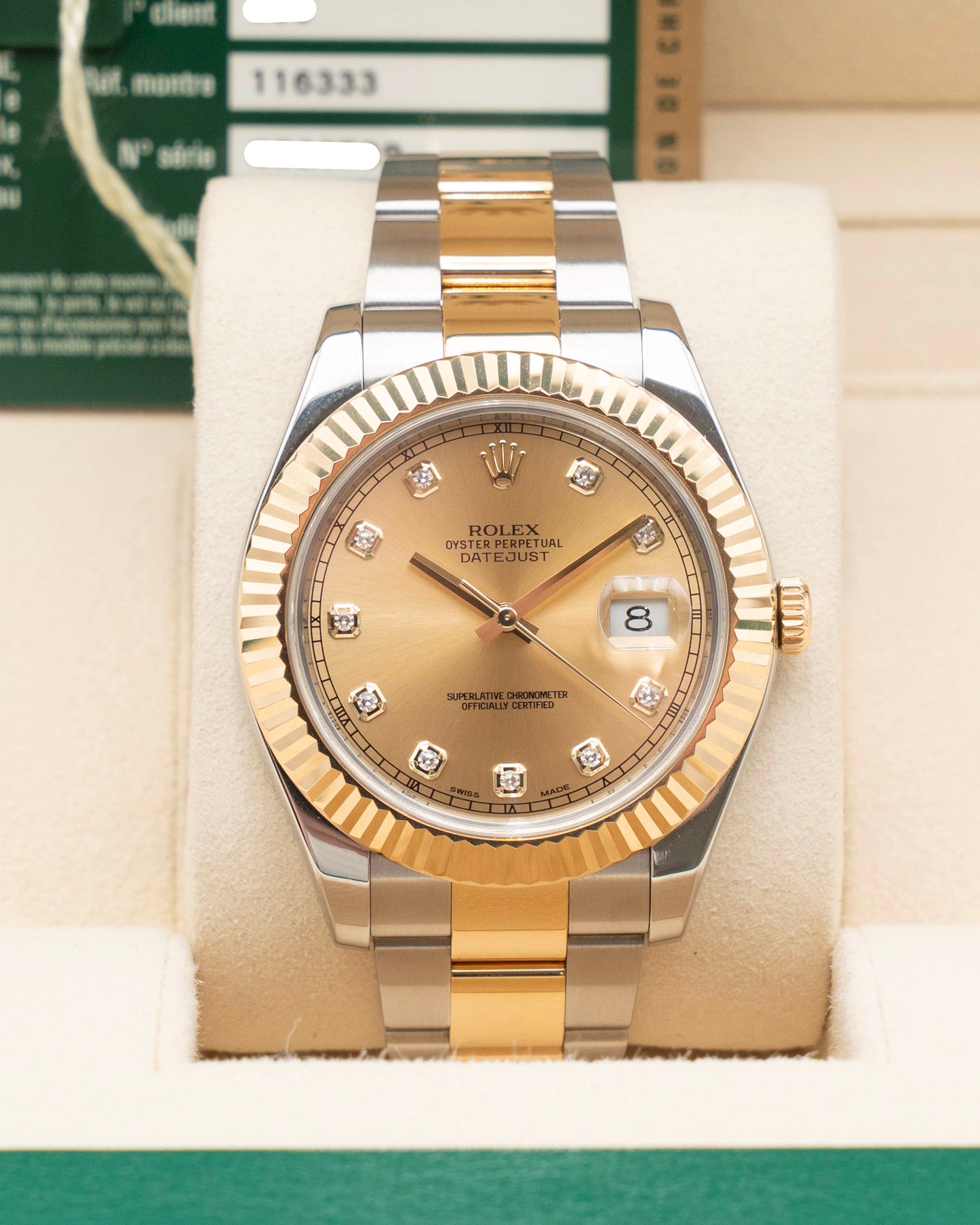 Rolex Datejust II 41mm 116333 Champagne Diamond Dial Two Tone Yellow Gold