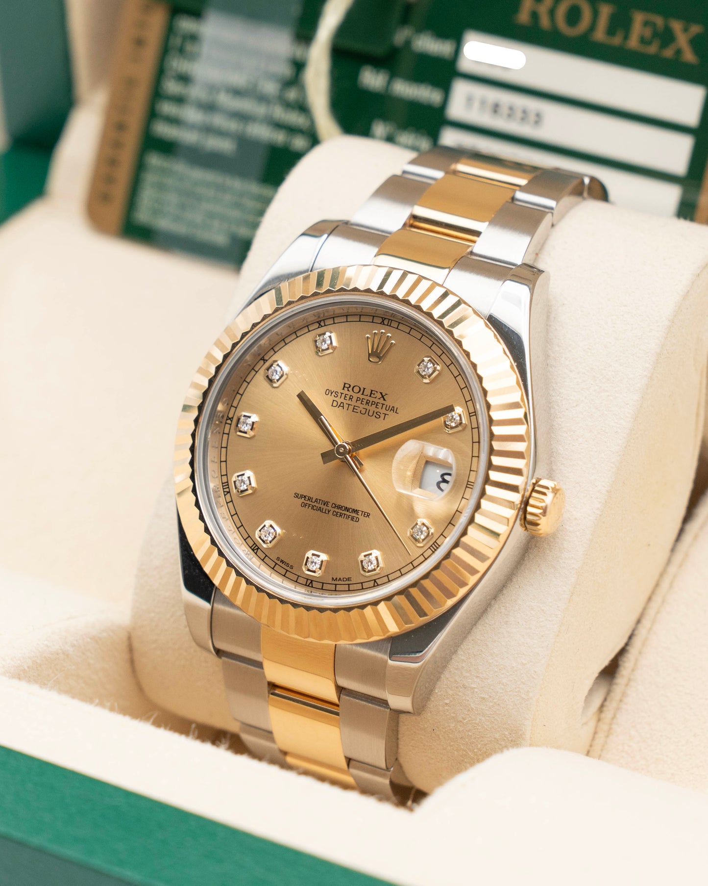 Rolex Datejust II 41mm 116333 Champagne Diamond Dial Two Tone Yellow Gold