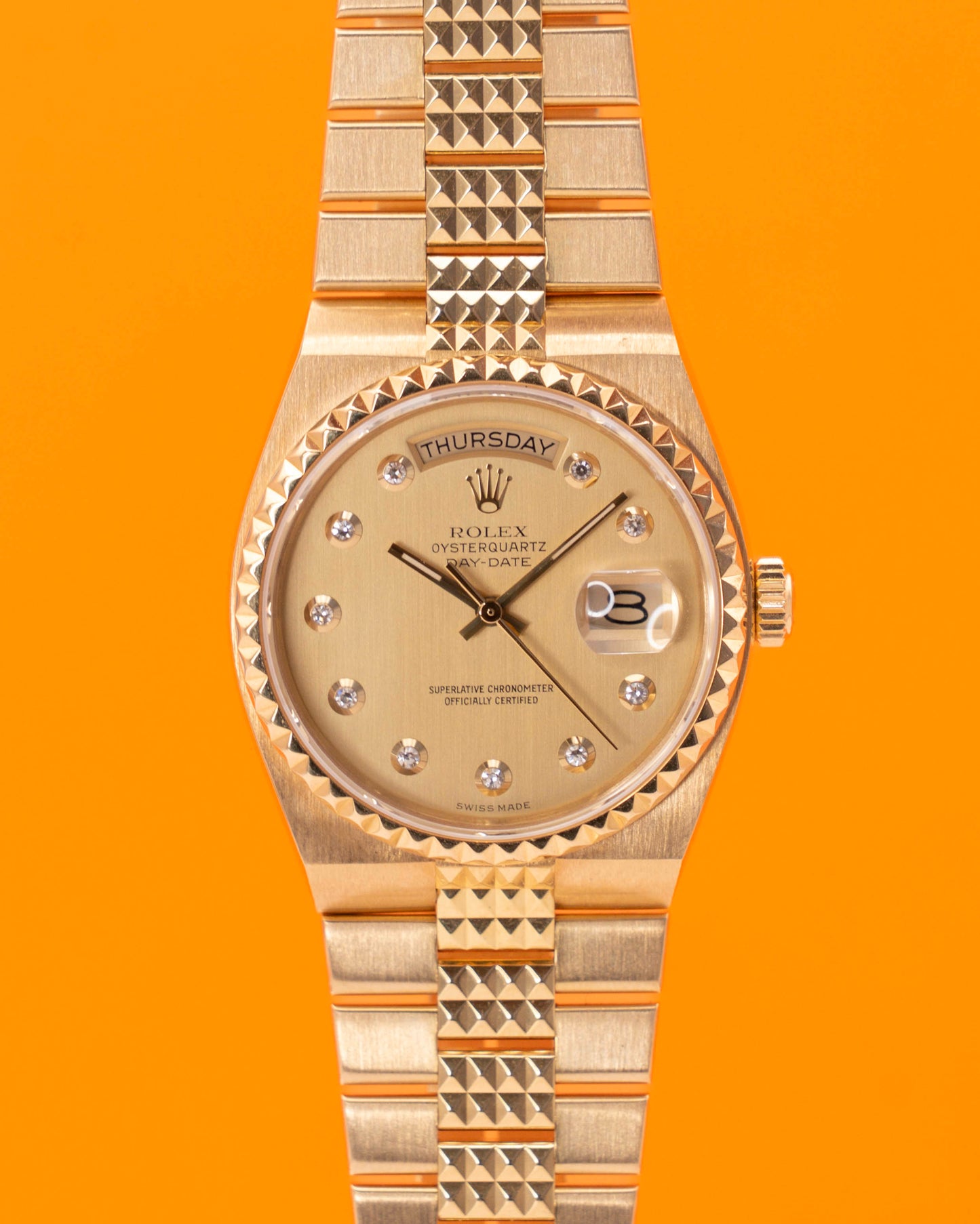 Rolex DayDate Oysterquartz 36mm 19028 Yellow Gold Champagne Diamond Pinball Dial Pyramid Bracelet 1992