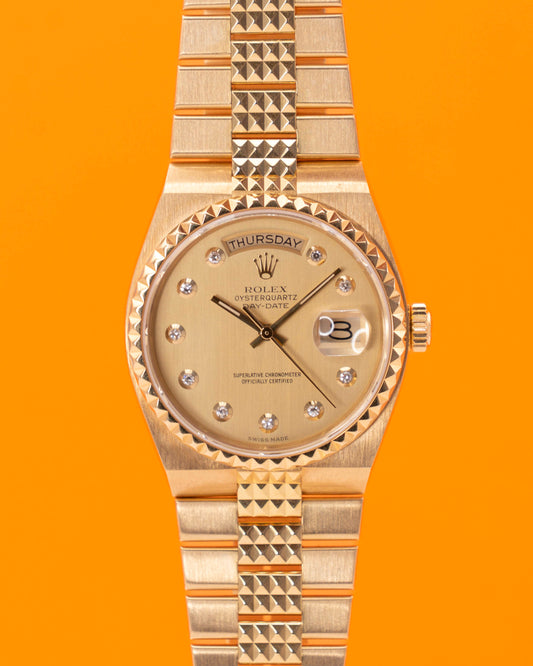 Rolex DayDate Oysterquartz 36mm 19028 Yellow Gold Champagne Diamond Pinball Dial Pyramid Bracelet 1992