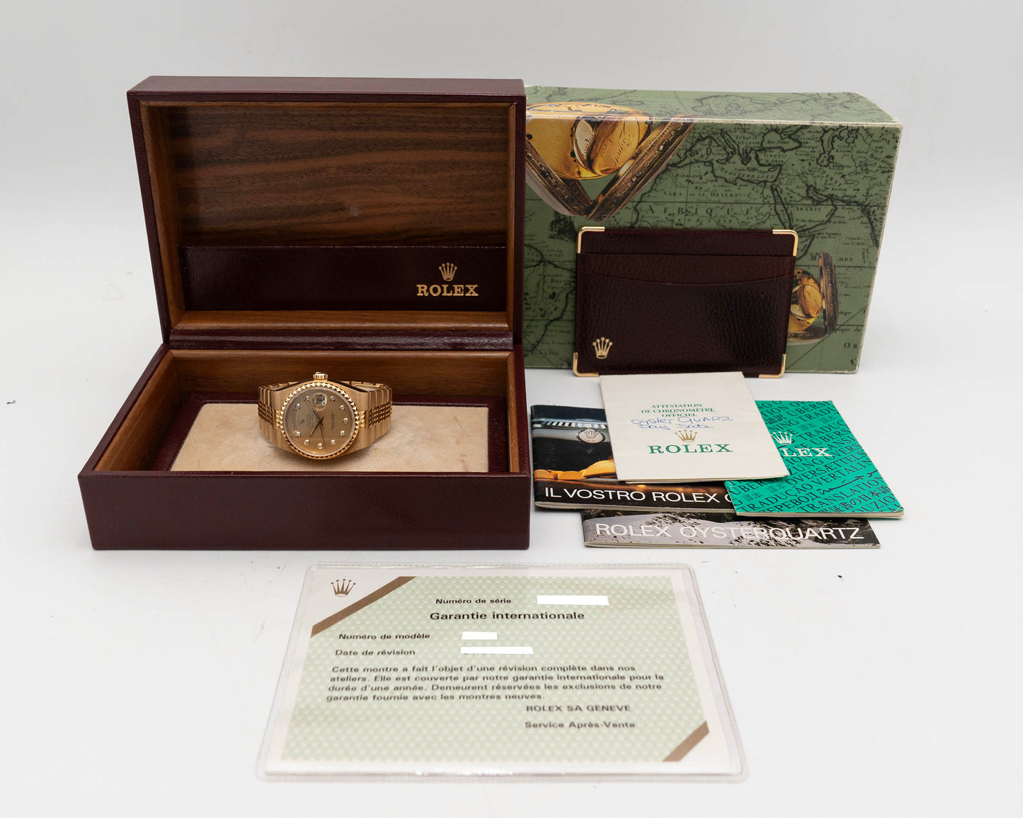 Rolex DayDate Oysterquartz 36mm 19028 Yellow Gold Champagne Diamond Pinball Dial Pyramid Bracelet 1992