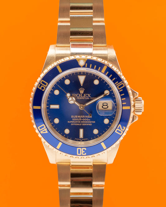 Rolex Submariner 40mm 16618LB Yellow Gold Blue Dial Solid Links 2001