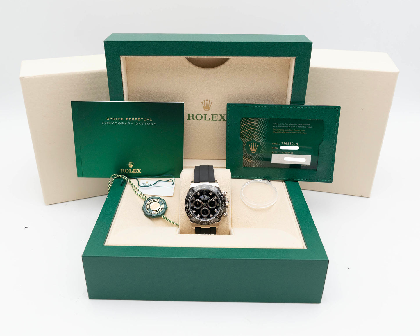 Rolex Daytona 40MM 116519ln-0022 White Gold Black Diamond Dial On OysterFlex 2022