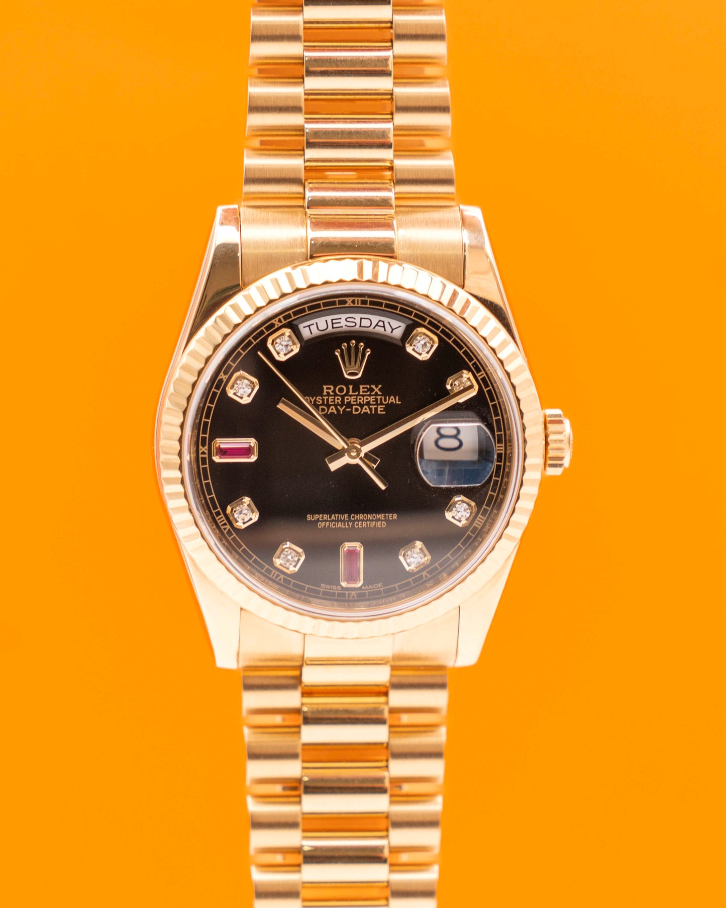 Rolex Day Date 36mm 118238 Yellow Gold Black Ruby Diamonds