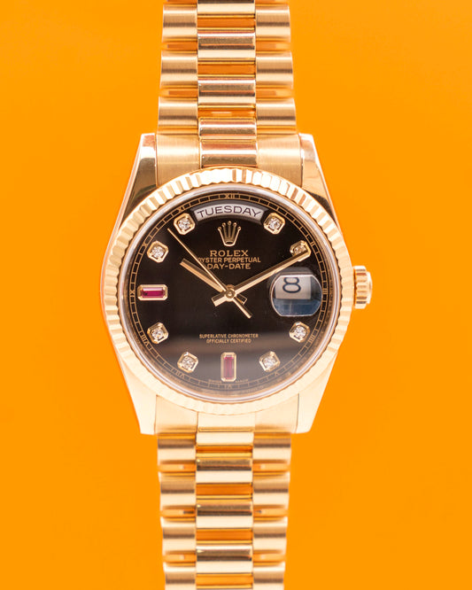 Rolex Day Date 36mm 118238 Yellow Gold Black Ruby Diamonds