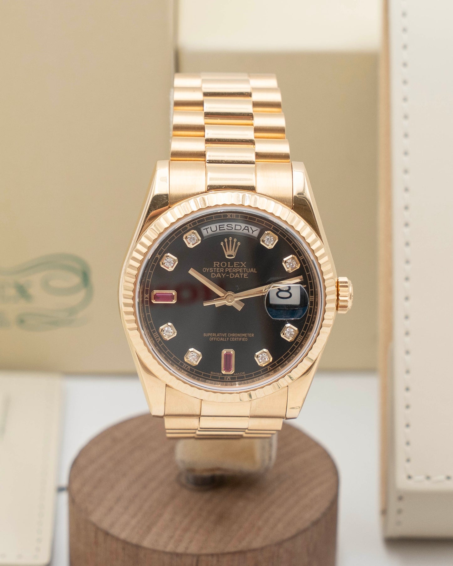 Rolex Day Date 36mm 118238 Yellow Gold Black Ruby Diamonds