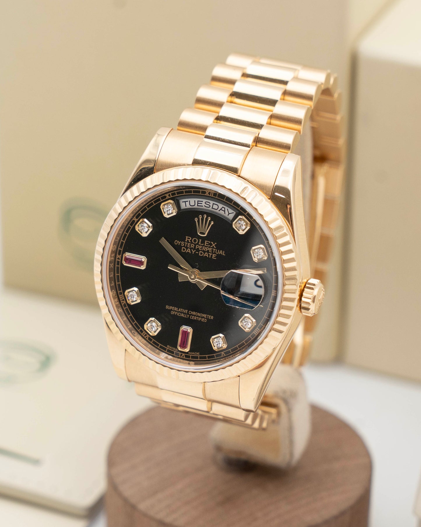 Rolex Day Date 36mm 118238 Yellow Gold Black Ruby Diamonds