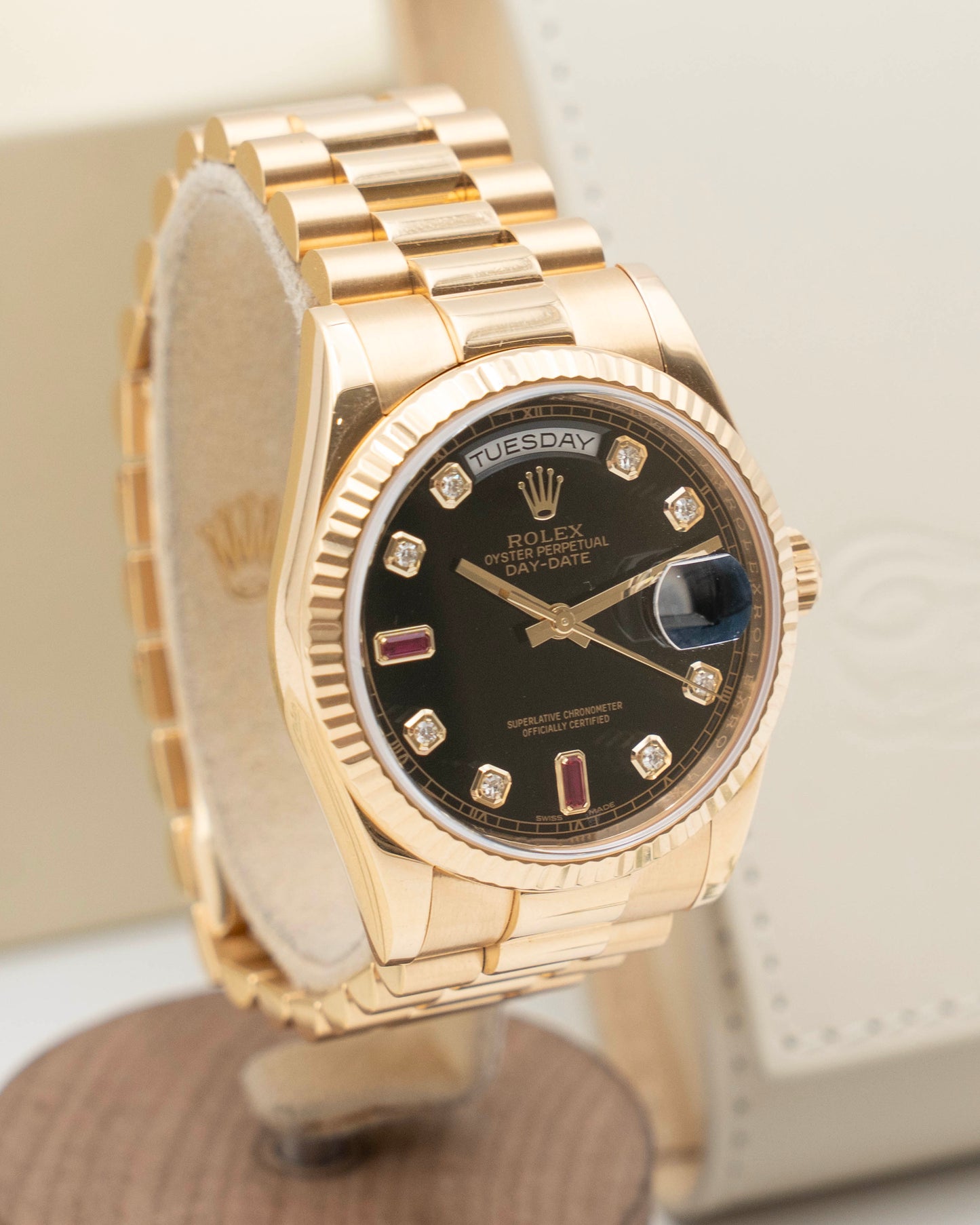 Rolex Day Date 36mm 118238 Yellow Gold Black Ruby Diamonds