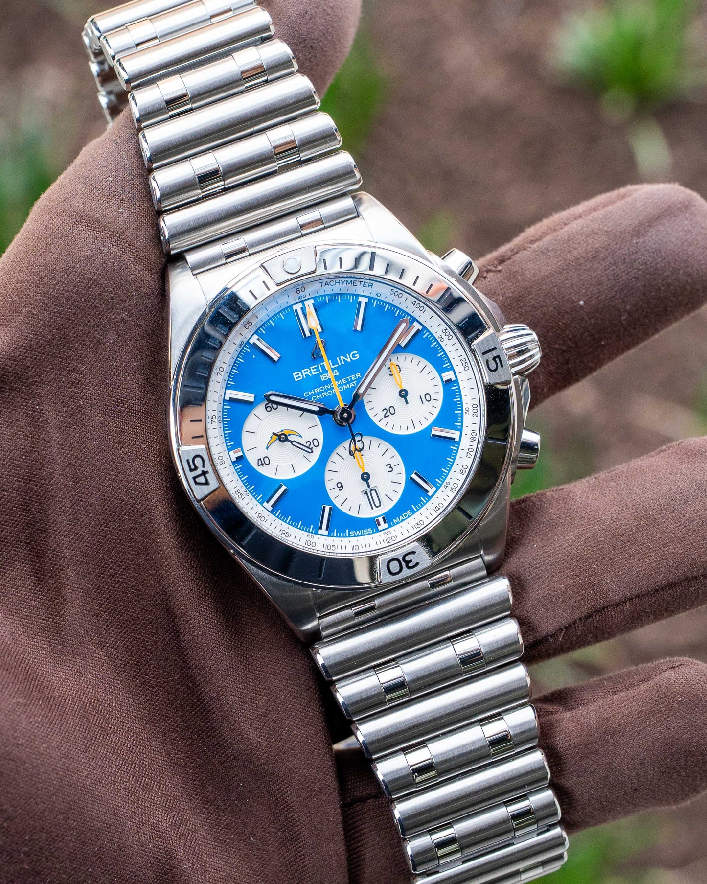 Breitling Chronomat 42mm AB01342B1C8A1 Blue Panda with Orange Hands