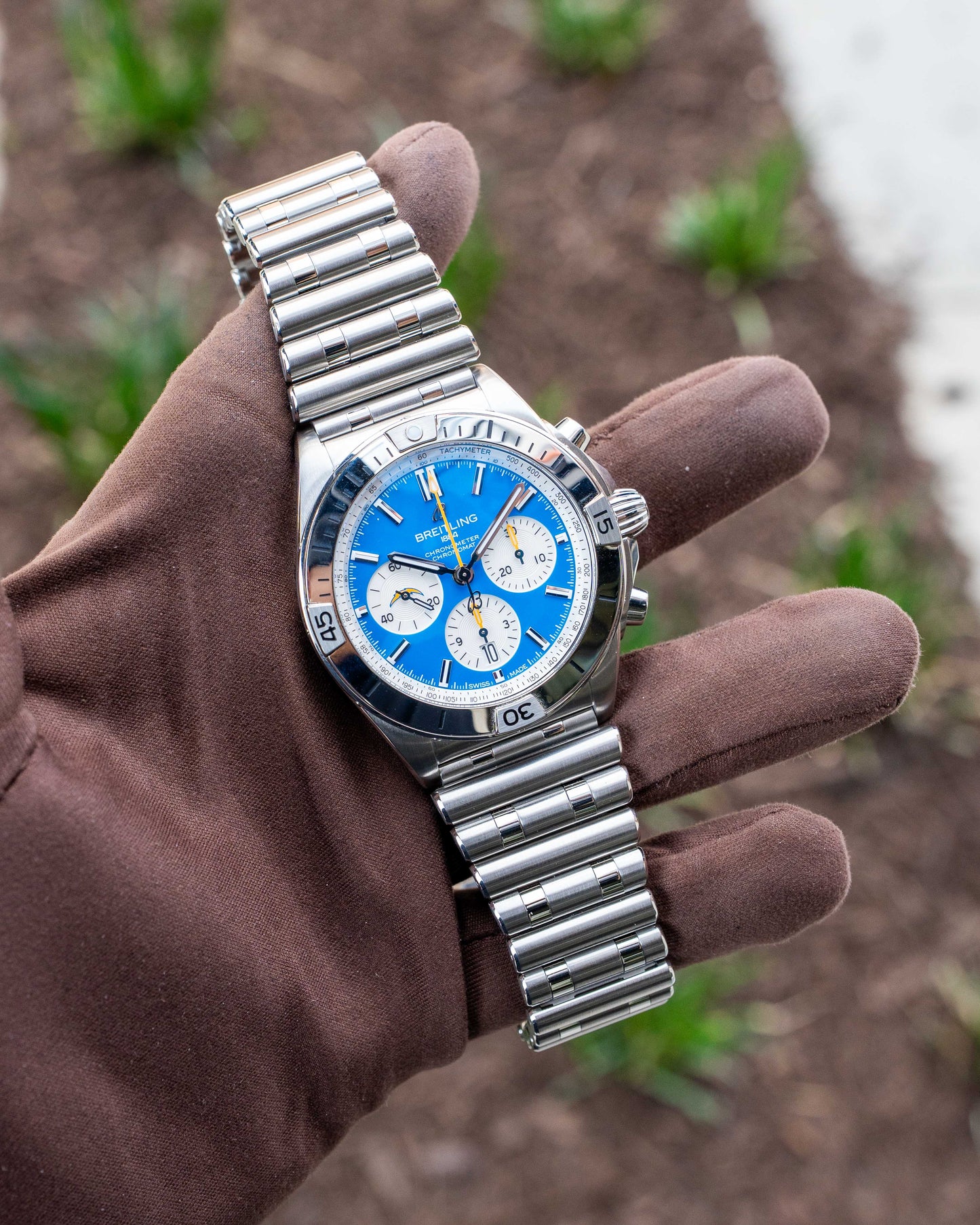 Breitling Chronomat 42mm AB01342B1C8A1 Blue Panda with Orange Hands