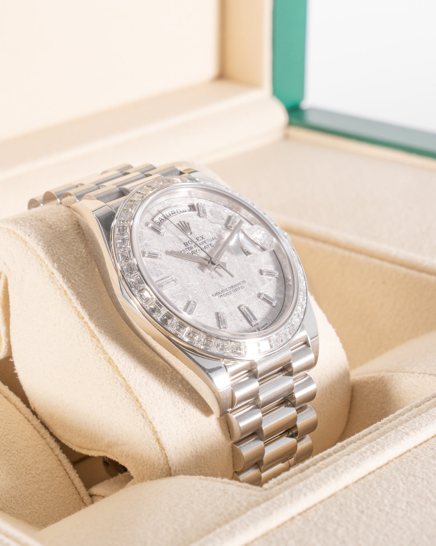 Rolex Day Date 40mm 228396TBR Platinum with Factory Diamond Bezel and Meteorite Dial Baguette Markers
