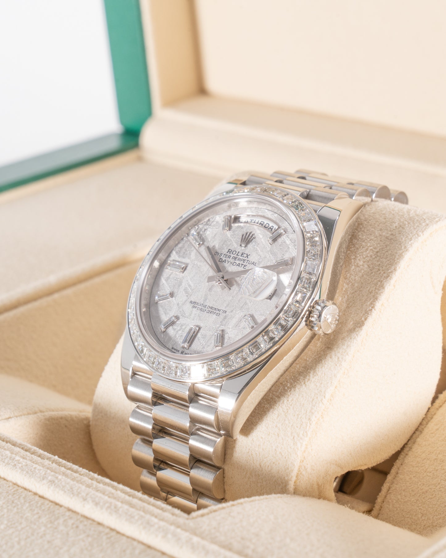 Rolex Day Date 40mm 228396TBR Platinum with Factory Diamond Bezel and Meteorite Dial Baguette Markers