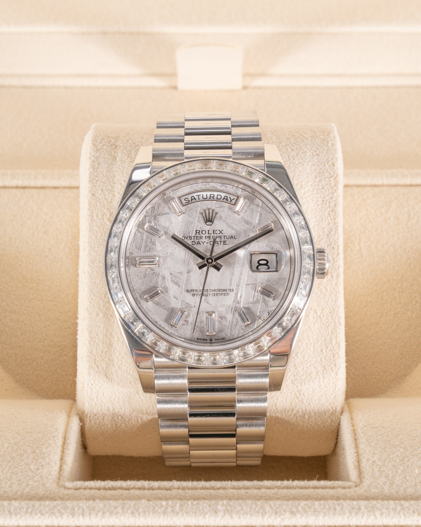 Rolex Day Date 40mm 228396TBR Platinum with Factory Diamond Bezel and Meteorite Dial Baguette Markers