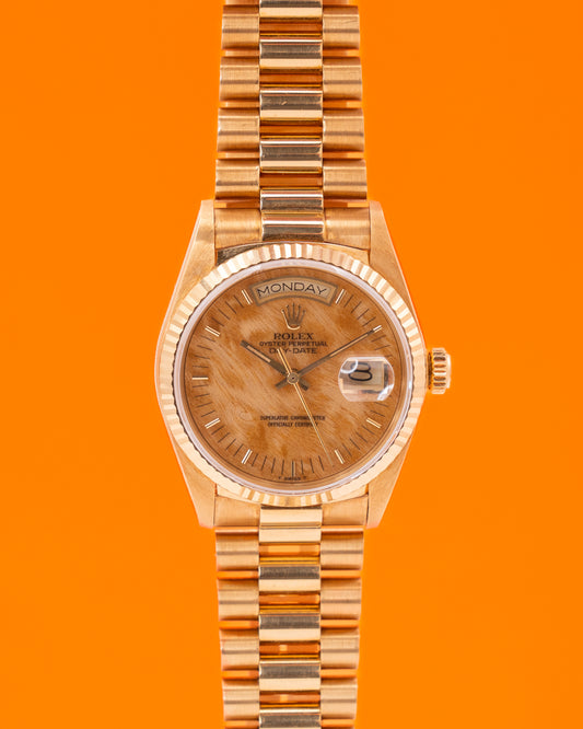 Unpolished Rolex Day Date 36mm 18038 Blond Birch wood / Wooden Dial Yellow Gold 1987
