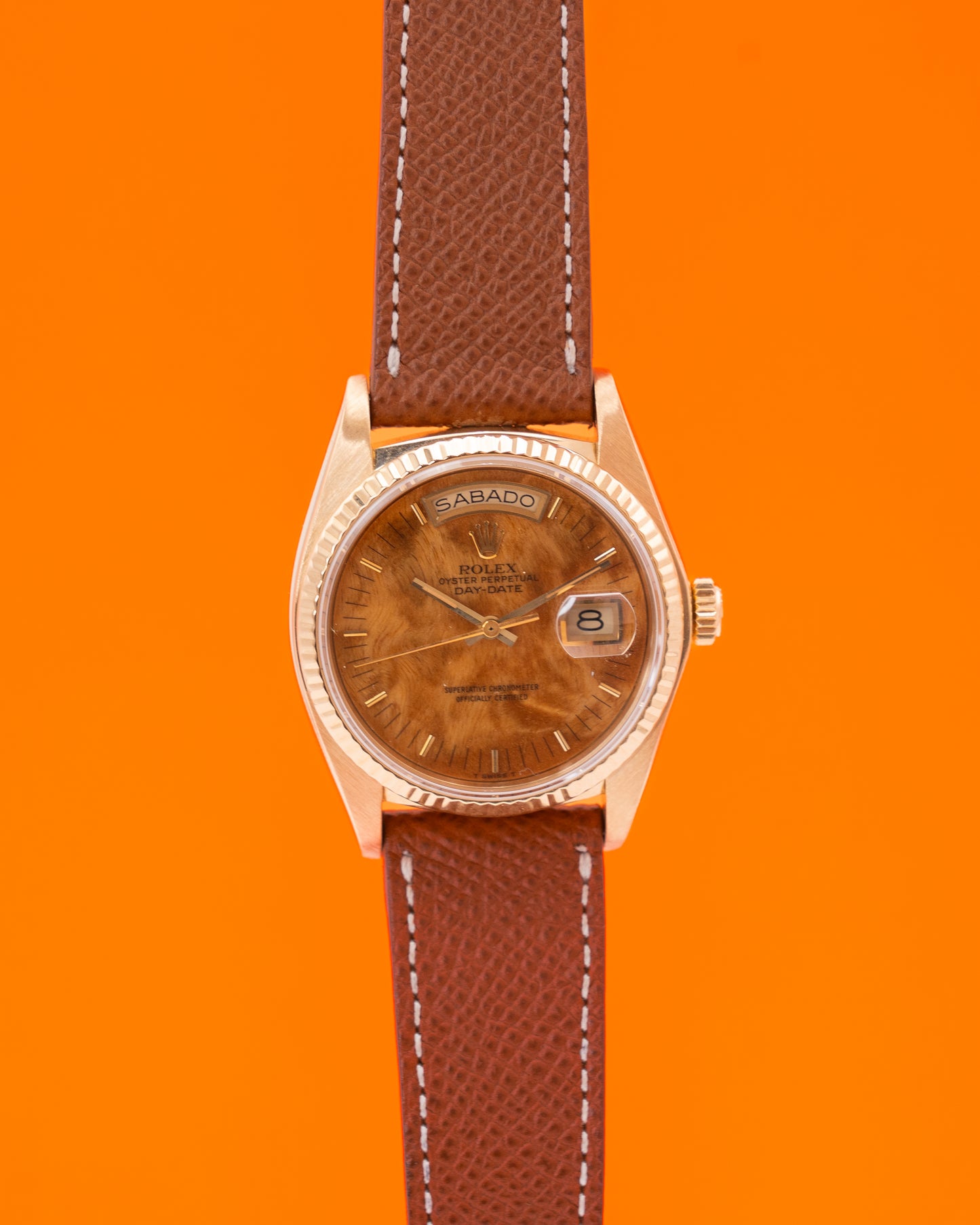 Rolex DayDate 36mm 18038 Yellow Gold Birch Wood Dial Spanish Day Wheel