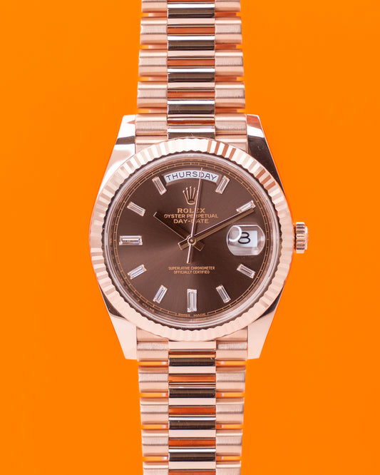 Rolex DayDate 40mm 228235 Rose Gold Chocolate Dial Baguette Diamond Markers 2018