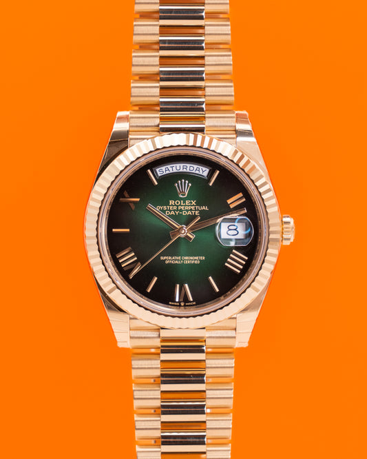 UNWORN STICKERS Rolex DayDate 40mm 228238 Yellow Gold Green Ombre 2025