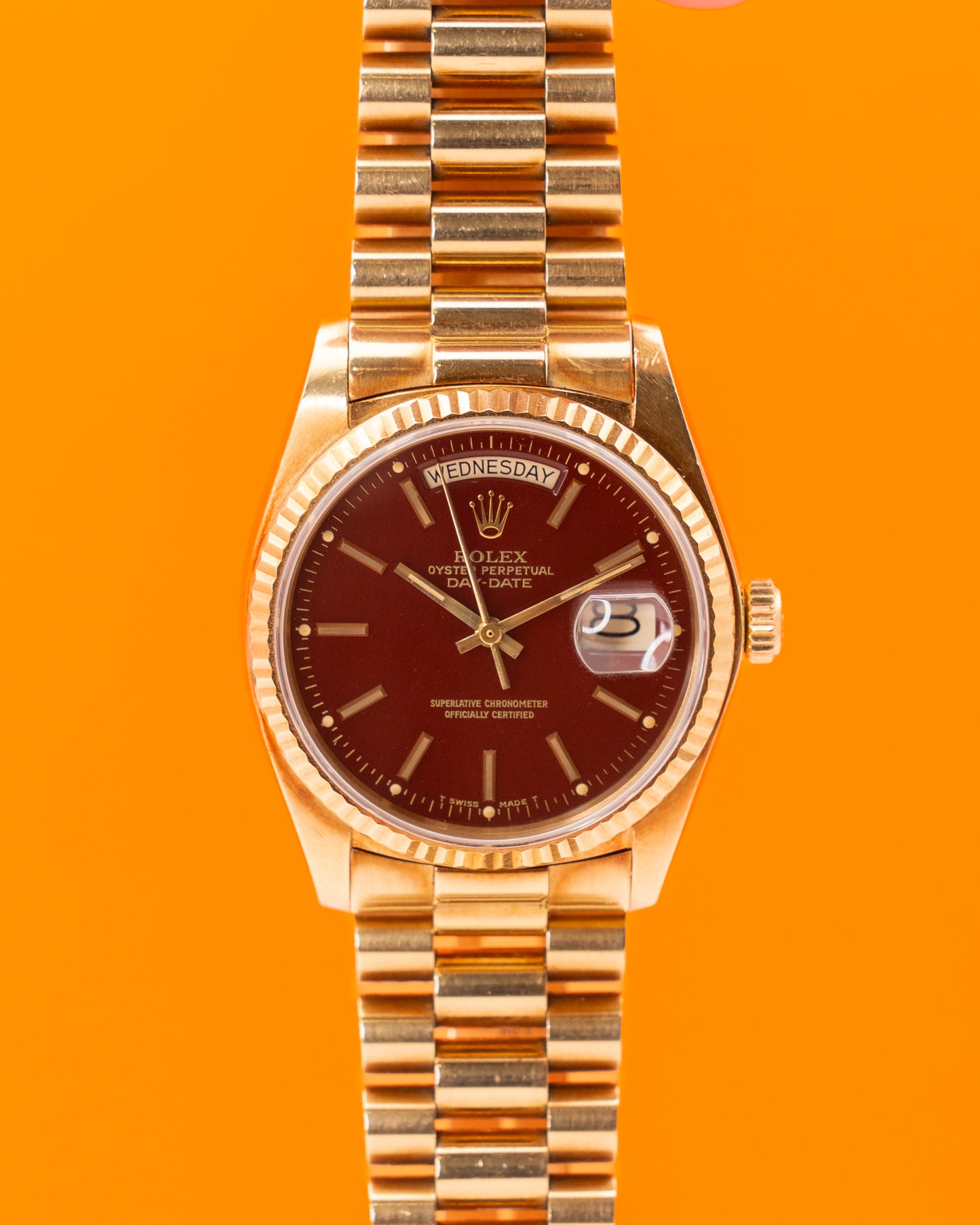 Unpolished Rolex Day Date 36mm 18038 Stella Dial Oxblood Red Yellow Gold