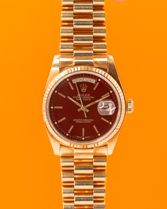 Unpolished Rolex Day Date 36mm 18038 Stella Dial Oxblood Red Yellow Gold