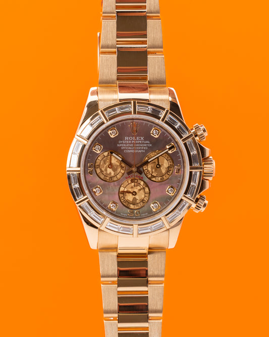 Rolex Daytona 116568BR Yellow Gold Baguette Diamond Bezel Black MOP Dial 2014