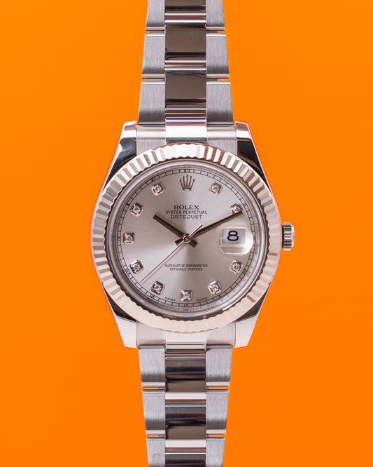 Rolex Datejust II 41mm 116334 Silver Diamond Dial Fluted Oyster 2017