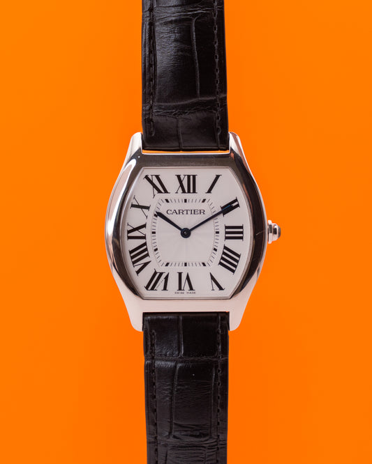 Cartier Tortue 39mm W1556363 White Gold White Dial Black Strap