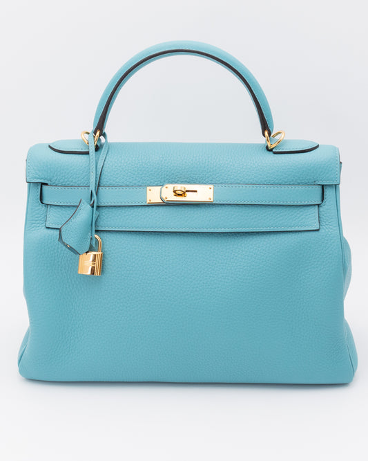 Hermes Kelly 32 A Bleu ST CYR TOGO Leather Retourne WIth Gold Hardware