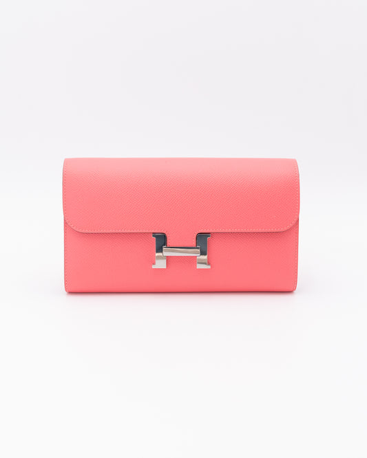 Hermes Rose Azalee Epsom Leather Constance Long Wallet With Palladium Hardware