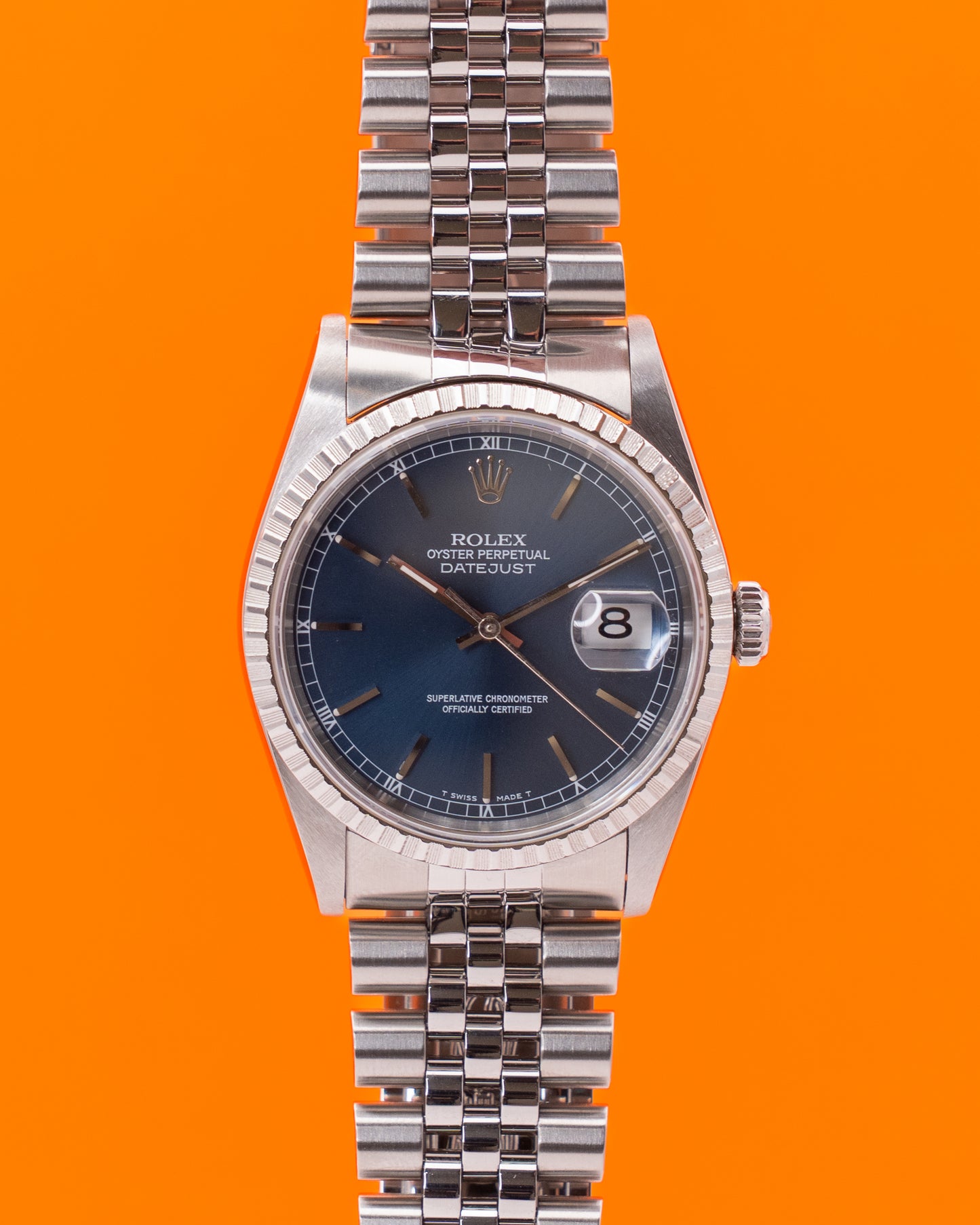 Rolex Datejust 36mm 16220 Blue Dial Engine Turn Bezel Jubilee